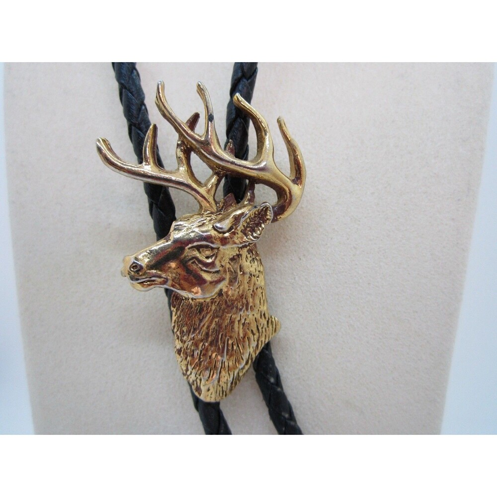 Vintage Deer Head Bolo Tie Gold Tone Buck Black Leather Western Cowboy